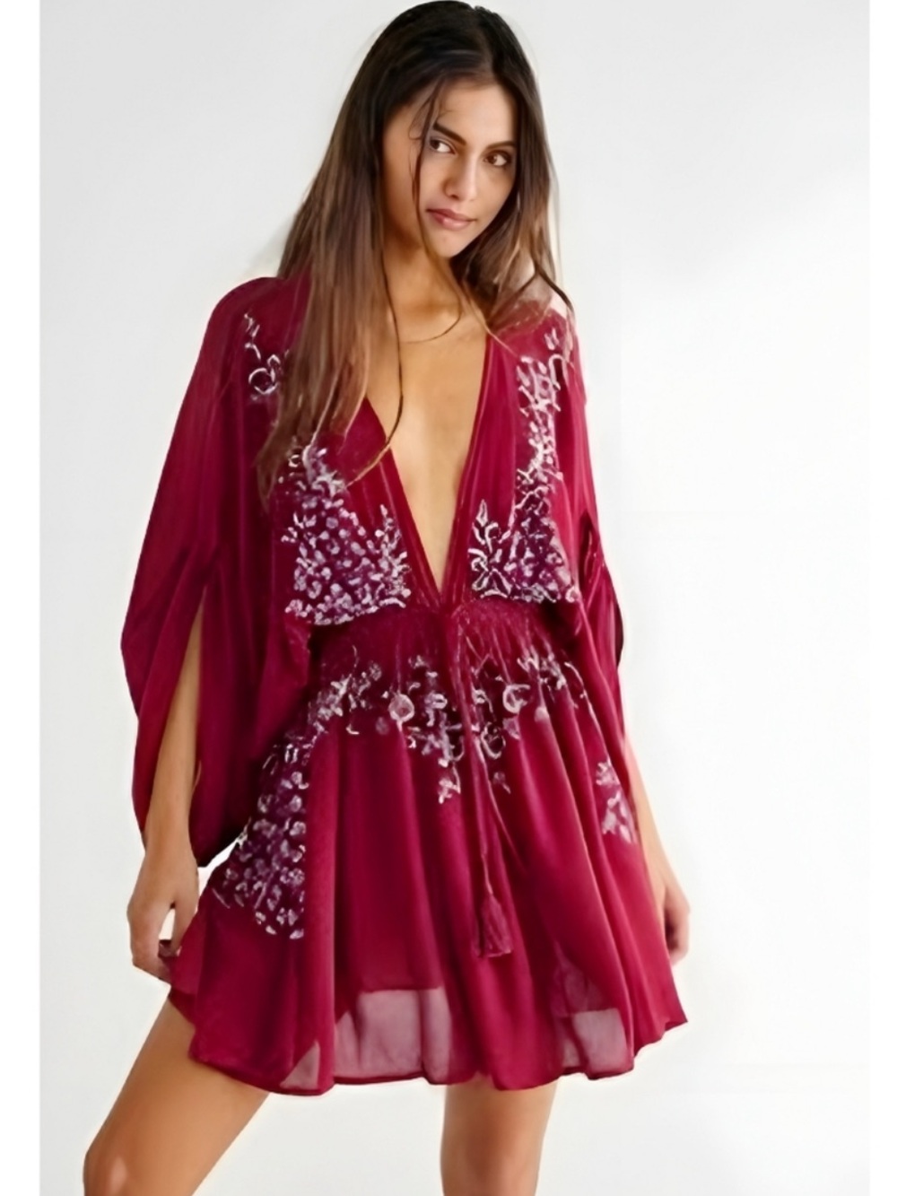 Free People Boho Embroidered Low V Mini Dress XS Billow Sleeve Floral Fuschia - Picture 1 of 6